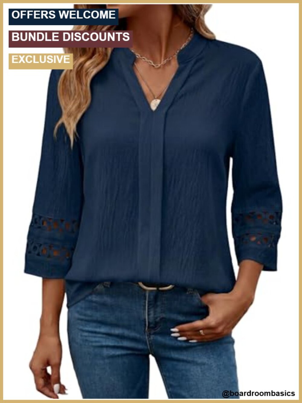 3/4 Sleeve V Neck Pleated Blouse Dressy Casual Top